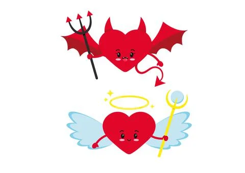 Angel and devil or demon heart character icon set isolated on white background. Stock Illustration
