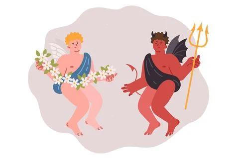 Angel and devil symbolize contrast good and evil, for concept of choosing way to Stock Illustration