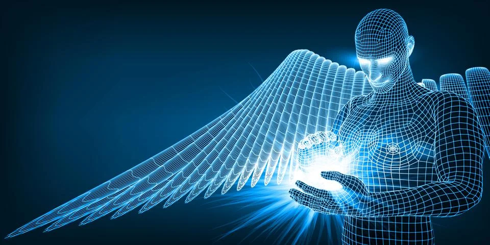 The angel of artificial intelligence keeping in hands future of humanity Illustrazione stock