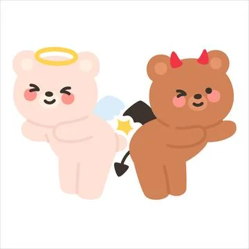 Angel Bear and Devil Bear Bumping Butts Playfully with Smiles Stock Illustration