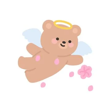 Angel Bear Flying with Pink Petals Scattering from Hand Stock Illustration