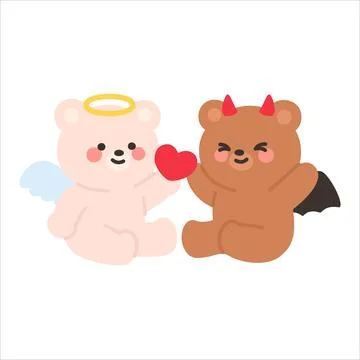 Angel Bear Offering a Heart While Devil Bear Looks Away Shyly Illustrazione stock