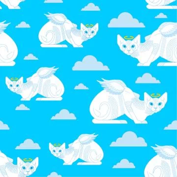 Angel cat pattern seamless. White cat with wings background. Baby fabric text Illustrazione stock