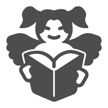 Angel child reads book solid icon, children book day concept, angel wings vector Ilustração Stock