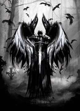 Angel of death surrounded by a flock of crows hovers on a gloomy cemetery Stockillustratie