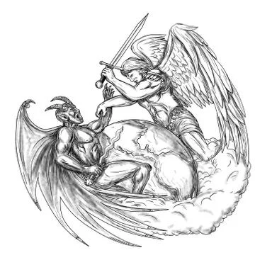 Angel Fighting Demon over Earth World Tattoo. Stock Illustration