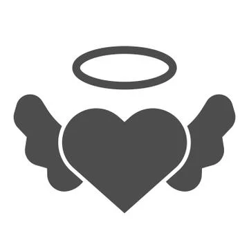Angel heart with wings solid icon. Angelic love, winged shape and halo symbol 库存插图
