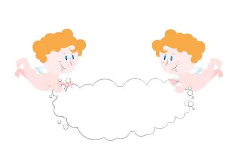 Angel holds cloud. Space for text. Two cute Angels hold white cloud. Little c Ilustração Stock