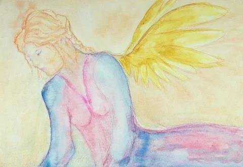 Angel looking down to earth. Stock Illustration