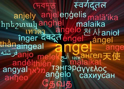 Angel multilanguage wordcloud background concept glowing Stock Illustration