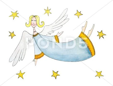 Angel with stars, child's drawing, watercolor painting on paper Stock Illustration