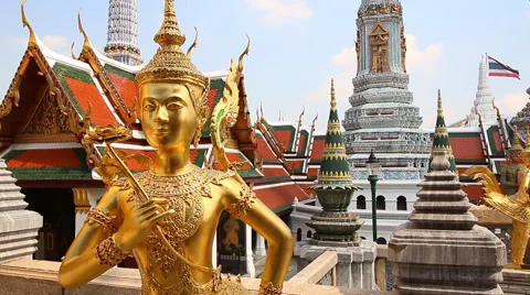 Angel Statue Around Wat Phra Kaew Temple Of Thailand (pan shot) Stock Footage 49797258