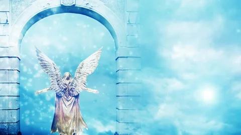 Angel statue in front of a heavenly gate and particles flowing Vídeos de archivo 231119778