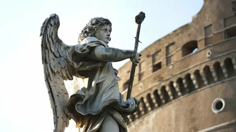 Angel statue on St. Angelo bridge to Castel Sant Angelo. Ponte Sant'Angelo, Rome Stock Footage 222022940