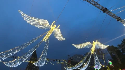 Angel wings flying shape made with LED icicle wire lights Vídeos de archivo 295513581