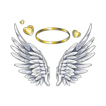 Angel wings with gold ring and heart vector sketch, pair of heraldic white bird Ilustração Stock