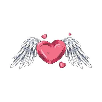 Angel wings with heart gemstone vector sketch, pair of heraldic white bird wings Illustrazione stock
