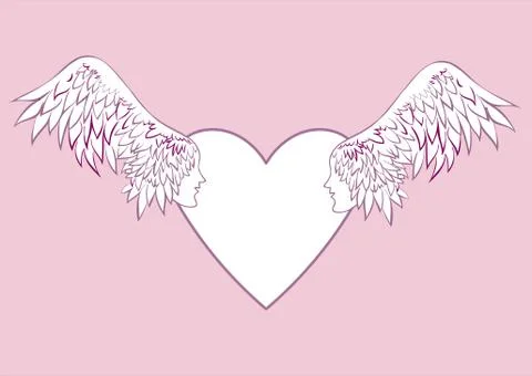 Angel wings with a human face in the frame in the shape of a heart. Stock Illustration