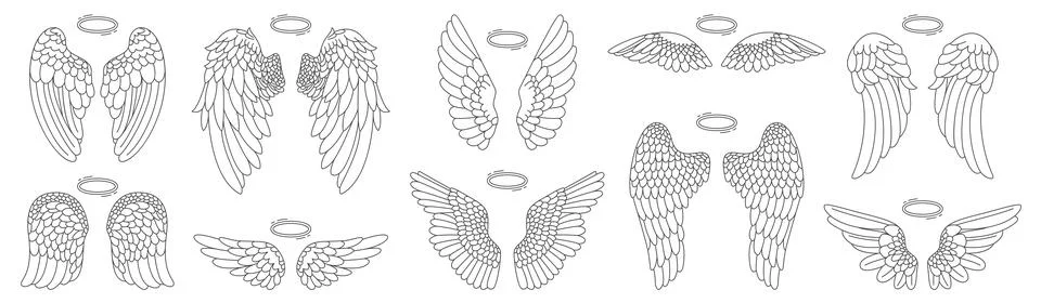 Angel Wings Line Doodle Vector Set Ilustração Stock