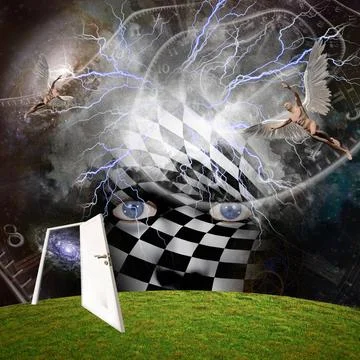 Angels 3D rendering. Mask with checkered pattern. Angels in the sky. Copyr... Stock Photos