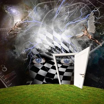 Angels 3D rendering. Mask with checkered pattern. Angels in the sky. Copyr... Stock Photos