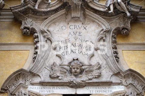 Angels and epigraph: Hail, the only hope, add more grace to the pious Stock Photos