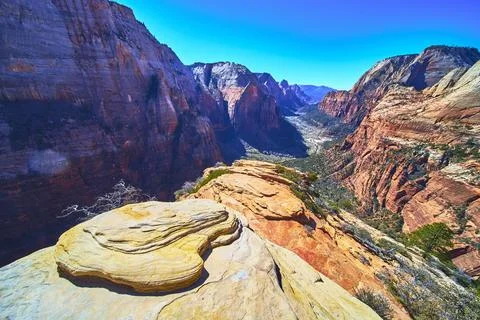 Angels Landing Summit View Over Sandstone Cliffs and Canyon in Zion Nationa.. Stock Photos