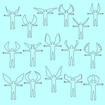 Angels  linear icon set.  Different wing styles. Stock Illustration