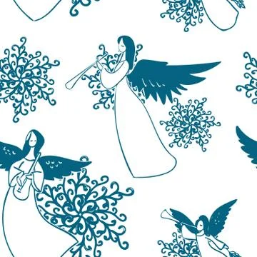 Angels vector pattern play music seamless sketch Stock Illustration