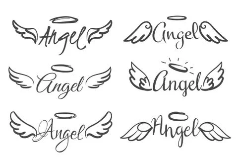 Angels wings emblems. Feather angel wing and halo, sketch feathers bird line イラスト素材