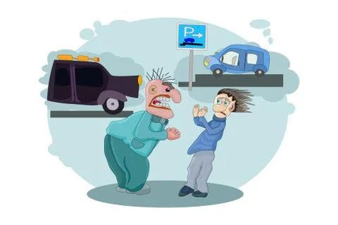 Anger concept. Angry driver shouting on owner other automobile. Stock Illustration