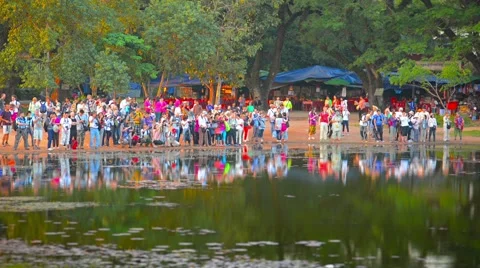 Angkor, cambodia - circa dec 2013: large crowd of colorfully dressed tourists Stock-Footage 45030572