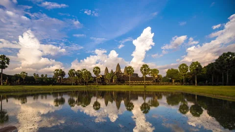 Angkor temple mirror reflection with storm cloud formations during late Stock Footage 283641472