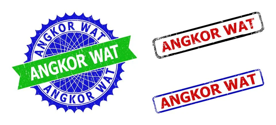 ANGKOR WAT Rosette and Rectangle Bicolor Seals with Distress Textures Stock Illustration