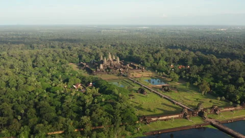 Angkor Wat temple from the air during sunset Stock Footage 246756743