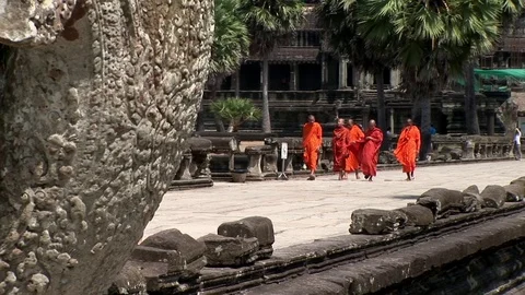 Angkor Wat Temple in Cambodia Five Monks Stock Footage 72641597