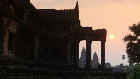 Angkor wat temple complex cambodia morning Stock Footage 130966836