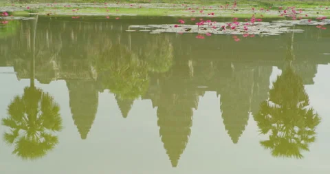Angkor Wat Temple Reflection in a Pond with Lillies at Siem Reap, Cambodia. Stock Footage 149018176