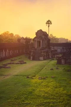 Angkor Wat temple at sunset. Elevated view of the inner western courtyard Stock Photos