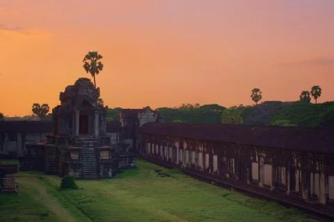 Angkor Wat temple at sunset. Elevated view of the inner western courtyard Stock Photos