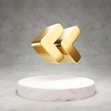 Angle Double Left icon. Shiny golden Angle Double Left symbol on white marble Ilustração Stock
