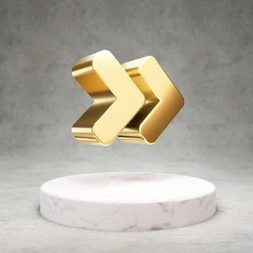 Angle Double Right icon. Shiny golden Angle Double Right symbol on white marb Stock Illustration