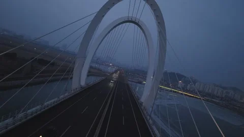 Angle Drone Roll Through Aam Bridge Over Frozen Lake Lights Stock Footage 344185599