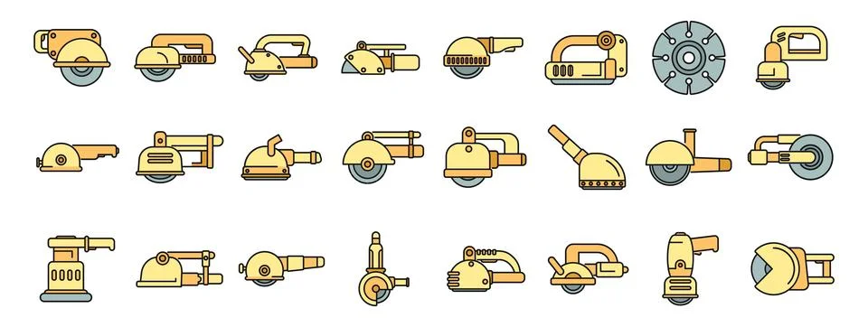 Angle grinder cutting machine power tools icons set outline style Stock Illustration