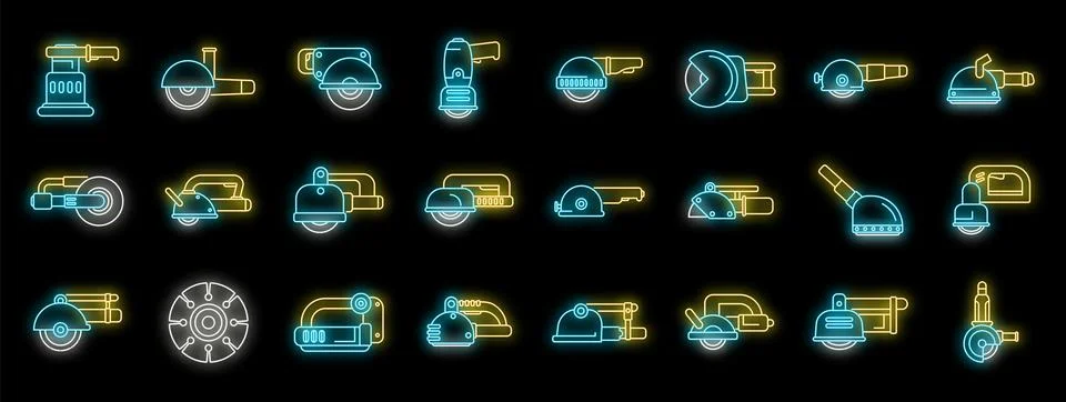 Angle grinder cutting machine power tools icons set vector neon Stock Illustration