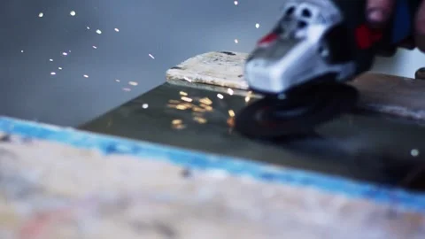 Angle Grinder Cutting Metal Plate, Bright Sparks, Extreme Close Up Shot Stock Footage 340339253