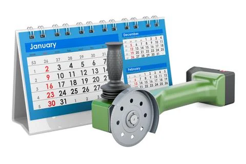 Angle grinder with desk calendar. 3D rendering Stock Illustration