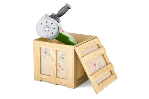 Angle grinder inside wooden box, delivery concept. 3D rendering 스톡 일러스트