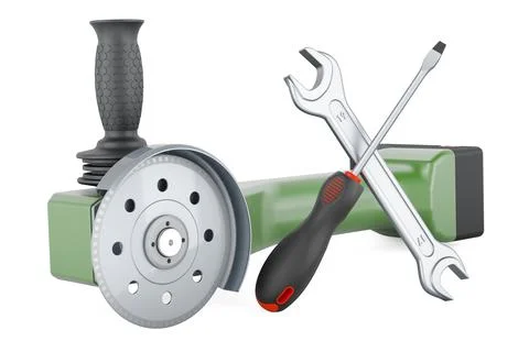 Angle grinder with screwdriver and wrench. 3D rendering Ilustración de archivo