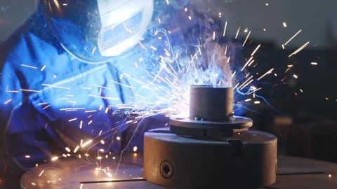 Angle Grinder Sparks Flying Toward Camera in Factory Workshop Stock Footage 337190053
